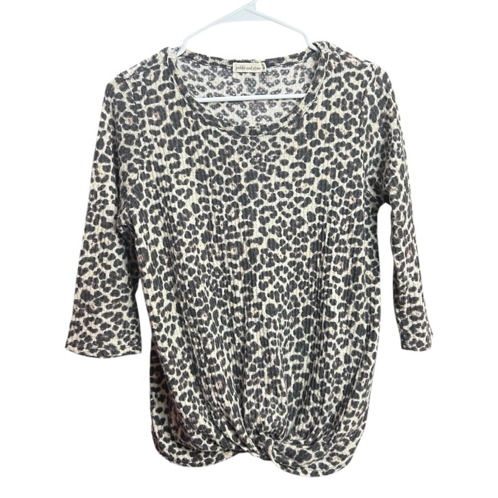 PEBBLE & STONE Wool Blend Cheetah Print Blouse Wrap Up Waist 3/4 Sleeves Shirt